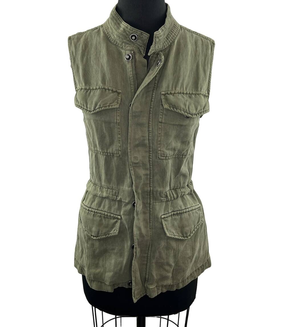 SANCTUARY CLOTHING Olive Green Linen Blend Sleeveless Zip Button Top Size S